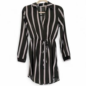 Lush Satin Shirt Dress Olive Stripe XS